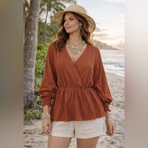 NWT Gorgeous silky clay long-sleeve v-neck tunic blouse Small
